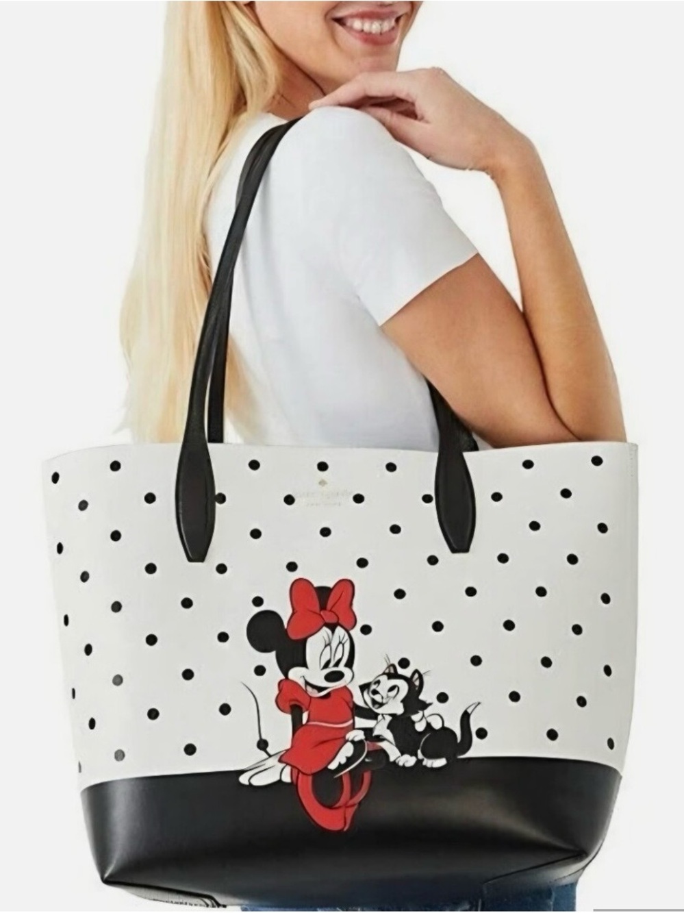 Disney ×Kate Spade Minnie Mouse Polka Dot Tote Bag in White and Black